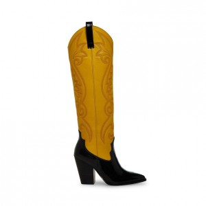 Botas Hasta La Rodilla Steve Madden Lasso Western Mujer Negros Amarillos | 9813605-BL